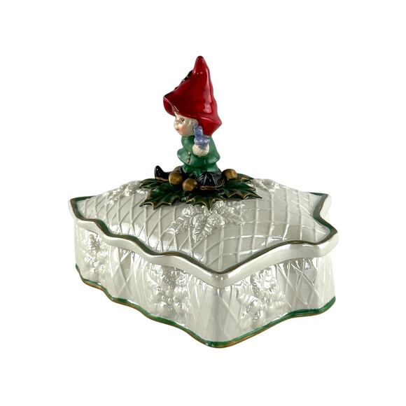 Vintage Hand Painted Cracker Barrel Christmas Tree Candy Trinket Dish With Pixie - Picture 11 of 16